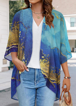 Women's Floral Print Puff Sleeve Kimono Cardigan Loose Cover Up Casual Blouse Tops(Dark Grey,L)