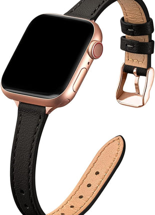 STIROLL Slim Leather Bands Compatible with Apple Watch Band 38mm 40mm 41mm 42mm(Series 11 10), Top Grain Leather Watch Thin Wristband for iWatch SE 9 8 7 6 5 4 3 2 1 (Black Rose Gold)