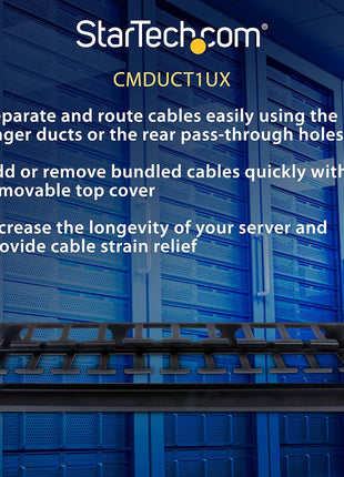 StarTech.com Horizontal 1U Server Rack Cable Management Finger Duct w/ Cover - 19 inch Network Rack Wire Duct Raceway Panel - Slotted Wire Duct (CMDUCT1UX)