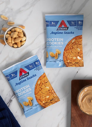 Atkins Peanut Butter High Protein Cookie, Keto Snacks, 3g Net Carb | Low Sugar and Low Carb Treats, Satisfies Cravings with High Protein, 4 Count, Individually Wrapped for On-the-Go, 1g Sugar
