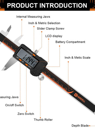 HARDELL Digital Caliper, 6 Inch Stainless Steel Caliper Measuring Tool with Large LCD Screen, Electronic Micrometer Caliper Digital Inch/Millimeter Conversion, Automatic Off(Ruler & 2 Batteries)
