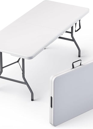 6 Feet Foldable Table with Built in Handle & Steel Legs | 6FT Heavy Duty Folding Portable | Perfect for Party, Dining, Wedding, Events, Picnic Indoor, Outdoor, Camping, Utility, Folding - 6 Foot