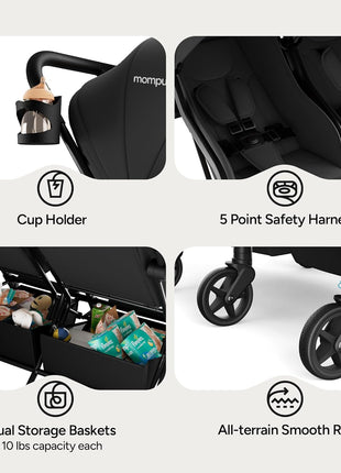 Mompush Lithe Double Stroller, Lightweight Side by Side, Infant & Toddler | 25 lbs design, 30-inch width fits doorways, one-step fold, independent recline, UPF50+ canopy, all-wheel suspension
