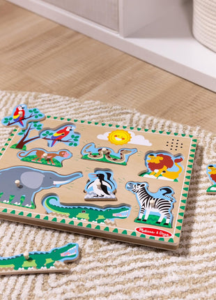 Melissa & Doug Zoo Animals Sound Puzzle – 8-Piece Wooden Peg Puzzle with Light-Activated Sounds, Music Learning Toy for Toddlers and Preschoolers Ages 2+