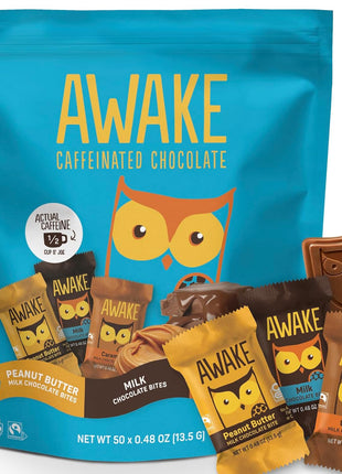 AWAKE - Caffeinated Chocolate Bites - 50mg Caffeine - Variety Pack (3 Flavors), 50 Bites - Peanut Butter, Milk, & Caramel - Energy Bites - Coffee Alternative - Fairtrade, Gluten Free, Non GMO - 0.48oz