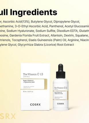 COSRX Vitamin C13 Serum, 0.7 fl oz (20 ml), Raw Vitamin, Pores, Niacinamide, Vitamin E, Hyaluronic Acid, Pores, Hurricane, Serum, Lotion, Pure Vitamin C, Sensitive Skin, Tested for Human Body