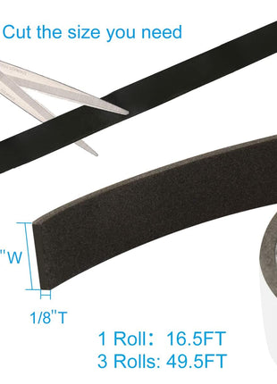 Seal Foam Tape,1/2 Inch W x 1/8 Inch T Weather Stripping for Door and Window,High Density Single Sided Closed Cell Door Insulation Weather Strip, 3 Rolls Total 50FT Black