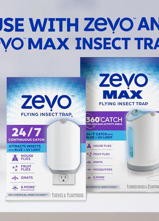 Zevo Flying Insect Trap Refill   for The Zevo MAx & Standard Indoor Fly Trap   Catch Gnats, House & Fruit Flies   Easy to Use   Mess Free Disposal (4 Refill Cartridges)