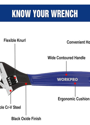 WORKPRO 2-Piece Adjustable Wrench Set, 6-Inch & 10-Inch Wide Jaw Black Oxide Wrench, Cr-V Steel, Metric & SAE Scales, Max Jaw Opening 15/16 inch & 1-5/16 inch, for Home Repairs, Plumbing, Garage Work