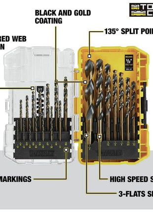 DEWALT Drill Bit Set, 21-Piece, 135 Degree Split Point, 31 Degree Helix, Black Oxide Coated, For Plastic, Wood and Metal (DWA1181)