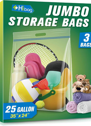 HIBAG 25 Gallon Jumbo Storage Bags, 35? x 24? Resealable Clear Bags with Handle, Extra Large XL Heavy Duty for Clothes Pillow Travel Moving, Pack of 3