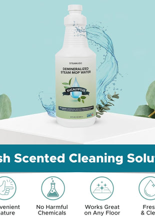 Steam & Go   Demineralized Water for Steam Cleaner, PVC Free Floor Cleaner Liquid Compatible With Any Steam Mop, Ready to Use Multisurface Cleaner, Scented Mop Solution, Eucalyptus Mint, 32 oz