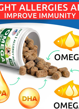 Allergy Relief + Omega 3 Bundle - Anti-Itch Skin & Coat Supplement + Itch Relief - Omega 3 Fish Oil + EPA & DHA Fatty Acids - Itching & Paw Licking + Joint Health - 360 Chews - Made in USA