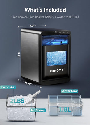 EUHOMY Nugget Ice Maker Countertop, 44Lbs/24H Pebble Ice Maker Machine, Self-Cleaning Pellet Ice Machine with Ice Scoop&Basket, Sonic Countertop Ice Machine for Home/Kitchen/Office(Black)