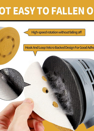 100 Pcs 5 Inch Sanding Discs Hook and Loop, 220 Grit Sandpaper for Woodworking or Automotive, 8 Hole Gold Premium Dustless Random Orbit Sandpaper
