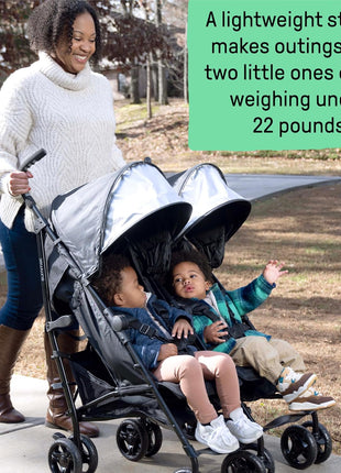 Summer Infant 3Dlite Folding Lightweight Side by Side Double Stroller with 5-Point Safety Harness for Infants and Toddlers, Black