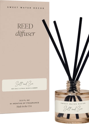 Sweet Water Decor Salt and Sea Reed Diffuser - Sea Salt, Citrus, Musk & Amber Scent - Long-Lasting 4 Month Home Fragrance, Non-Toxic, Aesthetic Home & Bathroom Decor, Made in USA, 3.5 Fl Oz