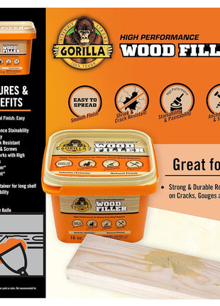Gorilla All Purpose Wood Filler, Natural Finish, 16 Ounce Tub (Pack of 1) - Water Resistant for Indoor or Outdoor Projects and Repairs