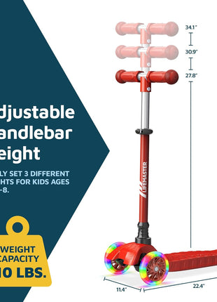 Lifemaster Mini 3-Wheel Kids Scooter with Multi-Color Wheel Lights – 4-Height Adjustable Handlebar, Wide Anti-Slip Deck, Child Safety Certified, Boys & Girls Ages 2+ Supports Up to 110 lbs