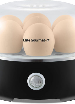 Elite Gourmet EGC115B Easy Egg Cooker, 7-Egg, BPA-Free, Classic Black | Cooks soft, medium, or hard-boiled eggs with auto shut-off - electric operation - includes measuring cup