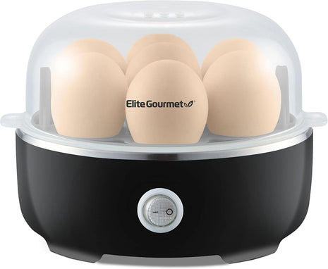 Elite Gourmet EGC115B Easy Egg Cooker, 7-Egg, BPA-Free, Classic Black | Cooks soft, medium, or hard-boiled eggs with auto shut-off - electric operation - includes measuring cup