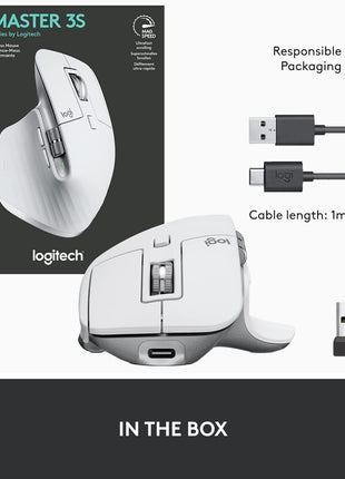 Logitech MX Master 3S Wireless Mouse Standard Edition with Logi Bolt USB Receiver, Ultra-Fast Scrolling, Ergo, 8K DPI, Track on Glass, Quiet Clicks, USB-C, Bluetooth, Windows, Linux, Chrome- Pale Grey
