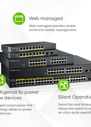 Zyxel 16 Port Ethernet Switch | Smart Managed Gigabit Network Switch | 16x GbE RJ-45 Ports | 32 Gbps Switching Capacity | Wall or Rack Mount, Mounting Kits Included | Fanless | GS1900-16