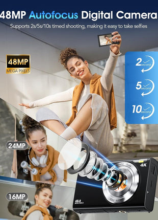 Digital Camera,Autofocus 4K Vlogging Camera for Photography with 32GB Card,48MP Portable Compact Point and Shoot Digital Camera for Teens Adult Beginner with 16X Zoom,Anti-Shake,2 Batteries(Black)