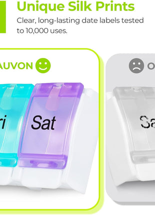 AUVON Weekly Pill Organizer Arthritis Friendly, BPA Free Travel 7 Day Pill Box Case with Spring Open Design and Large Compartment to Hold Vitamins, Cod Liver Oil, Supplements and Medication
