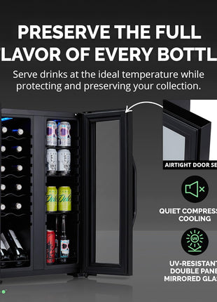 Luma Comfort Shadow Series Wine Cooler Refrigerator 12 Bottle & 39 Can Dual Temperature Zones, Freestanding Mirrored Wine and Beverage Fridge with Double-Layer Tempered Glass Door & Compressor Cooling