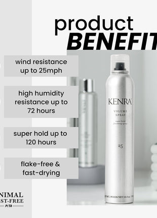 Kenra Professional Volume Spray 25 50% | Super Hold Finishing & Styling Hairspray | Flake-free & Fast-drying | Wind & Humidity Resistance | All Hair Types | 10 oz
