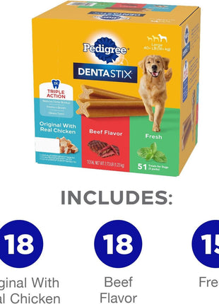 Pedigree Dentastix Large Breed Dog Dental Treats, Variety, 51 Count | Original, Beef & Fresh Flavors, triple action dental care, reduces tartar, cleans teeth, freshens breath, for dogs 40+ lbs