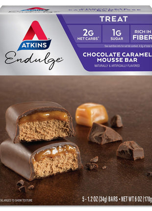 Atkins Endulge Chocolate Caramel Mousse Bar, 1g Sugar, 5 Count | 1g Sugar, Rich Chocolatey and Creamy Caramel Flavor, Individually Wrapped 1.2oz Bars