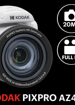 KODAK PIXPRO AZ425 Digital Camera, 42x Optical Zoom Bridge with 20MP BSI Sensor, Li-Ion Battery, OIS, 1080p Full HD Video, White