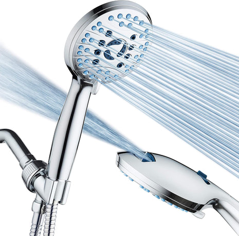 AquaCare High Pressure 8 mode Handheld Shower Head   Anti clog Nozzles, Built in Power Wash to Clean Tub, Tile & Pets, Extra Long 6 ft. Stainless Steel Hose, Wall & Overhead Brackets
