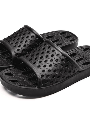Xomiboe Shower Shoes Men Shower Slippers Women Non Slip Flip Flops Bathroom for College Dorm Room Essentials Sandals Slides With Holes Students Boys Girl Gym (Black,EU44-45)