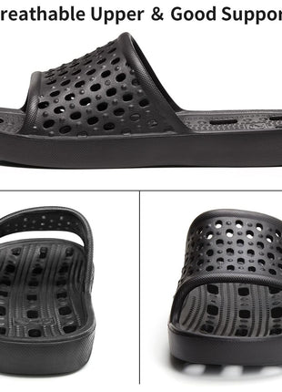 Xomiboe Shower Shoes Men Shower Slippers Women Non Slip Flip Flops Bathroom for College Dorm Room Essentials Sandals Slides With Holes Students Boys Girl Gym (Black,EU44-45)