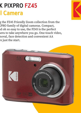 KODAK PIXPRO FZ45 16MP Digital Camera with 4X Optical Zoom 27mm Wide Angle and 2.7" LCD Screen Bundle with 32GB SD Memory Card, AA Batteries (4 Pack), Lens Cleaning Cloth (Red)