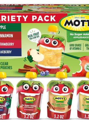 Mott's No Sugar Added Applesauce Variety Pack, 4 Flavors – Apple, Strawberry, Cinnamon & Blueberry, Made from Real Fruit, No Artificial Flavors, 3.2 Clear Pouches, 20 Pack
