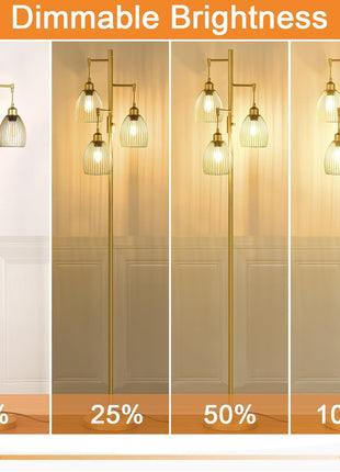 Dimmable Industrial Floor Lamps for Living Room, Gold Tree Standing Tall Lamps with 3 Elegant Teardrop Cage Head & 800 Lumens LED Bulbs for Bedroom Office
