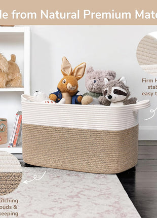 Goodpick Large Woven Blanket Basket, 21.6 inch x 14.9 inch x 11.8 inch Storage Baskets for Organizing, Rectangle Cotton Rope Toy Basket for Living Room, Bedroom, White & Brown