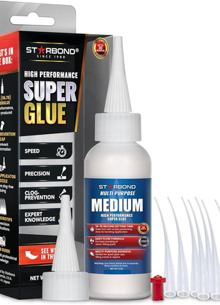 Starbond Medium Super Glue Pro Kit (2 oz) – Strong, Fast, All-Purpose CA Glue (Cyanoacrylate Adhesive) – with Anti-Clog Cap, Precision Tips & Extra Nozzles for Woodworking, Quick Fixes & Hobby Models