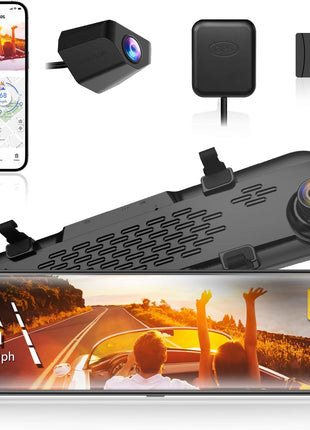 WOLFBOX G840S 12" 4K Mirror Dash Cam Backup Camera, 5.8GHz WiFi Smart Rearview Mirror for Cars & Trucks, Front and Rear View Dual Cameras, Night Vision, Parking Assistance, Included 32GB Card & GPS