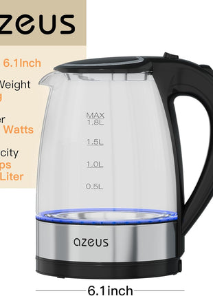AZEUS Electric Kettle 1500W Tea Kettle, 1.8L Large Capacity with Auto Shut-Off and Boil-Dry Protection, BPA-Free