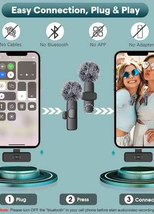 Professional Wireless Lavalier Lapel Microphone for iPhone, iPad - Cordless Omnidirectional Condenser Recording Mic for Interview Video Podcast Vlog YouTube