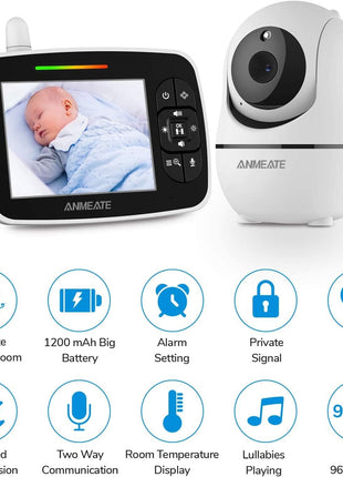 ANMEATE Baby Monitor with Remote Pan-Tilt-Zoom Camera,Large Display Video Baby Monitor with Camera and Audio |Infrared Night Vision |Two Way Talk | Room Temperature| Lullabies and 960ft Range(Black1)