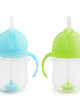 Munchkin Any Angle Sippy Cups for Toddlers, Spill Proof Weighted Straw Cup with Transition Handles for Babies 6 Months and Up, 2 Pack, Blue/Green