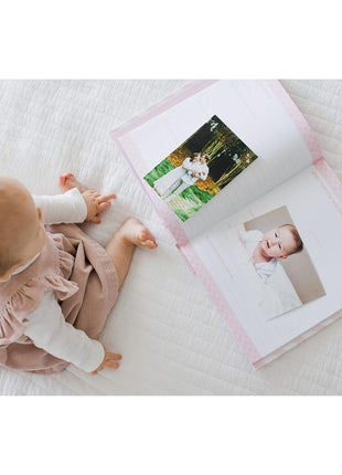 Pearhead Baby Memory Book, First 5 Years Baby Milestone Book, Pregnancy Journal, Gender Neutral Newborn Keepsake, With Clean-Touch Ink Pad For Baby's Handprint or Footprint, Pink Chevron