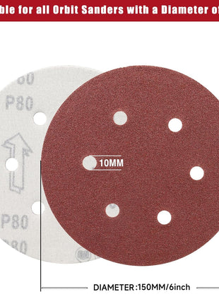 100 PCS 6 Inch Sanding Discs, 6 Hole Hook and Loop Sandpaper 60 80 120 240 400 Grit Set, Round Orbital Sand Paper Discs for Sander