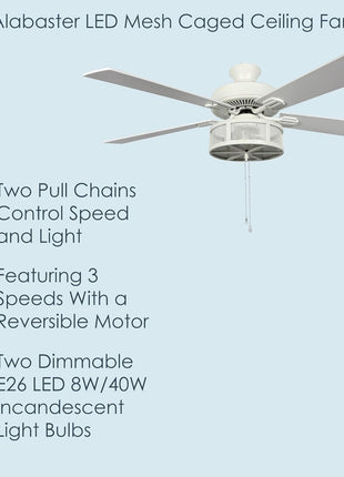 RIVER OF GOODS Alabaster LED Mesh Caged Ceiling Fan - 52" L X 52" W - White/Oak Wood-Grain Blades
